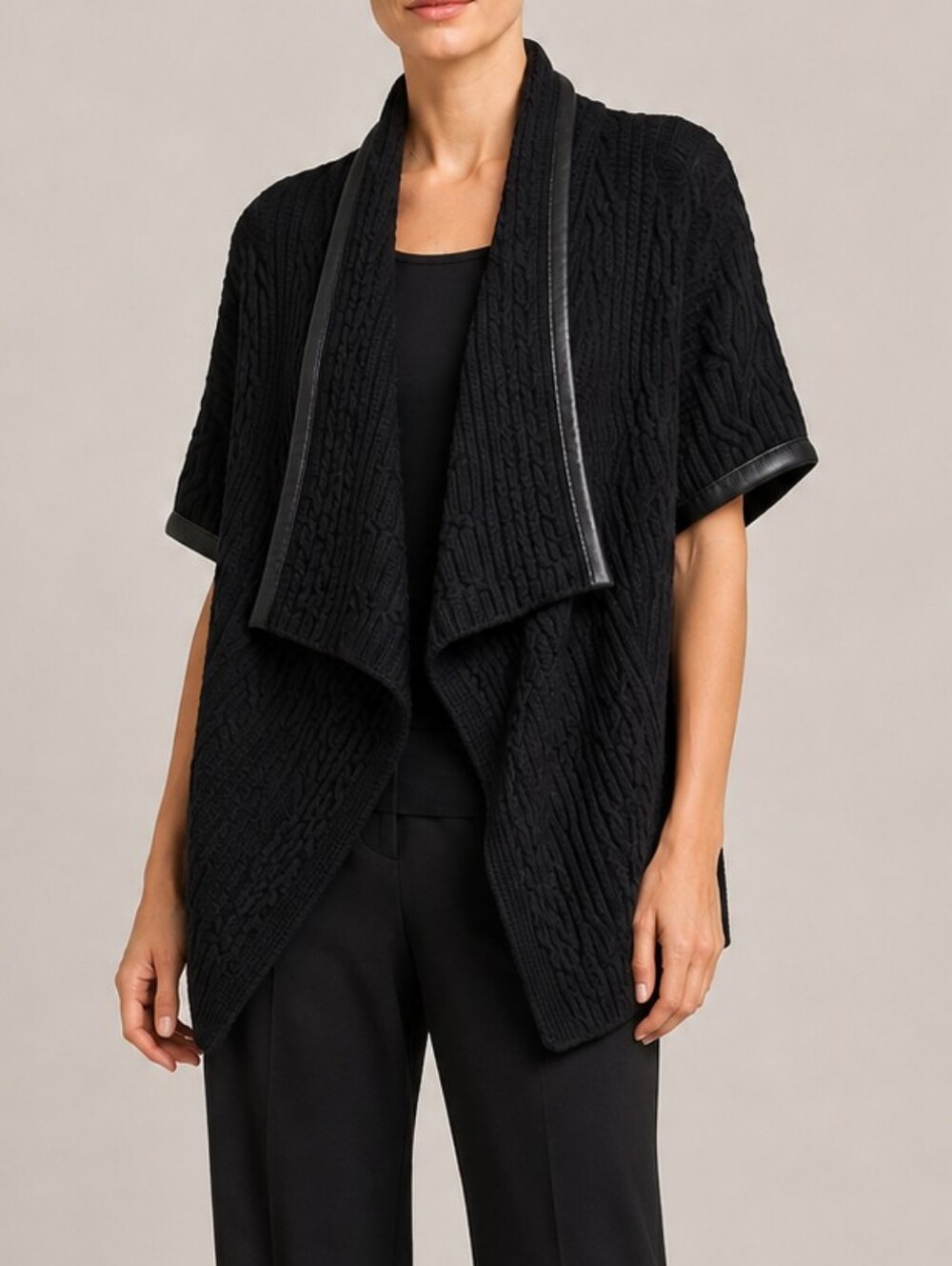 NWT ST. JOHN | $995 Waterfall Open Front Cardigan w/Leather Trim